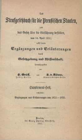 Suppl.-Heft: Supplement-Heft enthaltend: Ergänzungen und Erläuterungen von 1853 - 1855