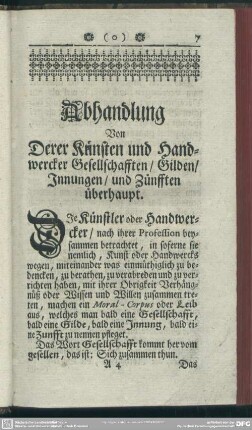 Abhandlung Von Derer Künsten und Handwercker Gesellschaften, Gilden, Innungen, und Zünfften überhaupt