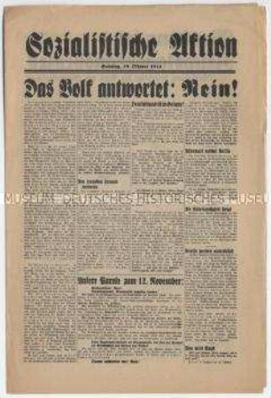 Sozialdemokratisches Exil-Blatt "Sozialistische Aktion" zur "Reichstagswahl" und Volksabstimmung am 12. November 1933
