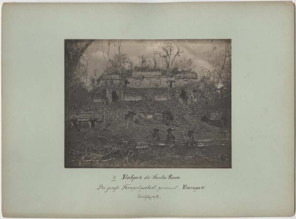 "The great temple palace, called Xtampak. West façade. (With three members of the expedition)"