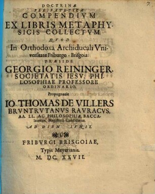 Doctrinae peripateticae compendium ex libris metaphysicis collectum