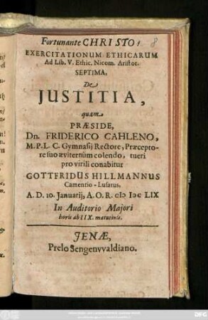 Exercitationum Ethicarum Ad Lib. V. Ethic. Nicom. Aristot. Septima, De Iustitia