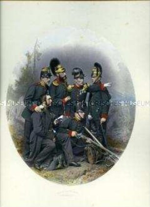 Uniformdarstellung, Porträtfoto, Artilleristen, Sachsen, 1865.