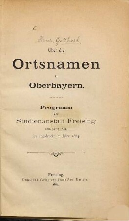 Über die Ortsnamen in Oberbayern : Programm der Studienanstalt Freising vom Jahre 1849
