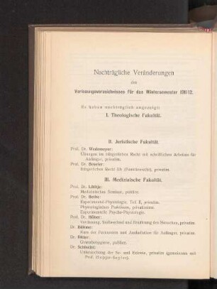 Nachträgliche Veränderungen des Vorlesungsverzeichnisses für das Wintersemester 1911/12.