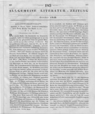 Schmitthenner, F.: Zwölf Bücher vom Staate, oder Systematische Encyklopädie der Staatswissenschaften. 2. Aufl. Bd. 1. Grundlinien der Geschichte der Staatswissenschaften, der Ethnologie, des Naturrechtes und der Nationalökonomie. Giessen: Heyer 1839 (Beschluss von Nr. 184.)