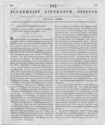 Schmitthenner, F.: Zwölf Bücher vom Staate, oder Systematische Encyklopädie der Staatswissenschaften. 2. Aufl. Bd. 1. Grundlinien der Geschichte der Staatswissenschaften, der Ethnologie, des Naturrechtes und der Nationalökonomie. Giessen: Heyer 1839 (Beschluss von Nr. 184.)