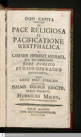 Duo Capita Videlicet De Pace Religiosa Et Pacificatione Westphalica