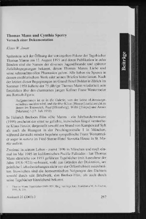 Thomas Mann und Cynthia Sperry : Versuch einer Dokumentation
