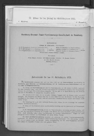 Jahresbericht für das 67. Geschäftsjahr 1921.