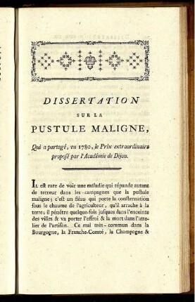 Dissertation Sur La Pustule Maligne, Qui a partagé, en 1780, le Prix extraordinaire proposé par l'Académie de Dijon.