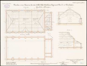 Artilleriekaserne II/27, Wiesbaden: Geschützeschuppen: Grundriss Fundamente, Bankette, Erdgeschoss, Längsschnitt, Querschnitt 1:100