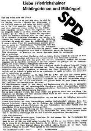 Wahlflugblatt der Sozialdemokratischen Partei Deutschlands, Friedrichshain