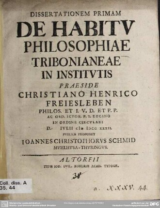 Dissertationem Primam De Habitu Philosophiae Tribonianeae In Institutis