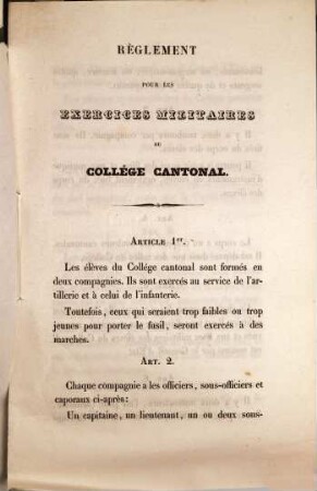 Règlement pour les exercices militaires du Collège cantonal