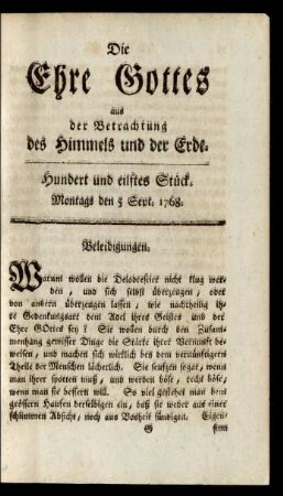 Hundert und eilftes Stück. Montags den 5 Sept. 1768