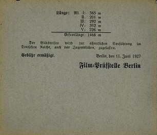 Zensurkarte (letzte Seite). Film-Prüfstelle Berlin, 11.6.1927.
