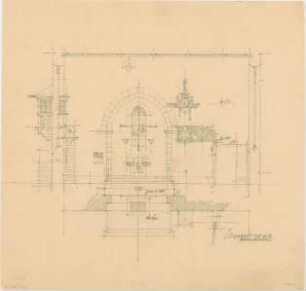 Döllgast, Hans; Marktbreit (Bayern); Pfarrkirche, Treppenaufgang - Altarausstattung; Altar; Kanzel; Fürstenloge (Schnitte)