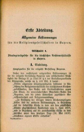 Abschnitt I. Staatsgrundlage für die kirchlichen Rechtsverhältnisse in Bayern