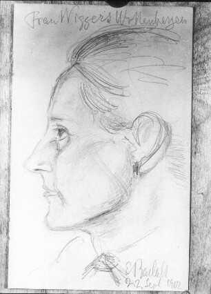 Taschenbuch 20. Frau Wiggers. Wittenbergen. Bleistiftzeichnung; 16,7 x 11 cm (1902; E. Barlach). Güstrow, Heidberg 15. Atelier des Bildhauers