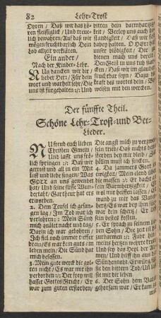 Der fünffte Theil. Schöne Lehr- Trost- und Bet-Lieder.
