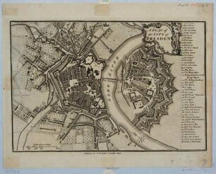 Stadtplan von Dresden, Altstadt und Neustadt, mit Befestigungsanlagen und Vorstädten sowie mit Legende und Maßstab in Schritten