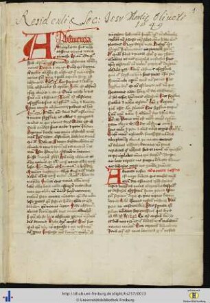 [1r] Besitzvermerk des Freiburger Jesuitenkollegs (Oelenberg) des Jahres 1649.