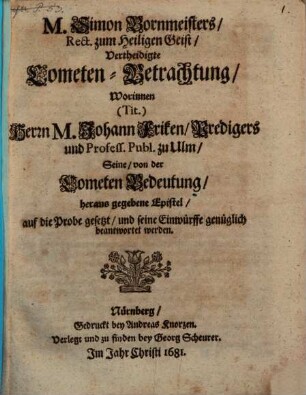 Vertheidigte Cometen-Betrachtung