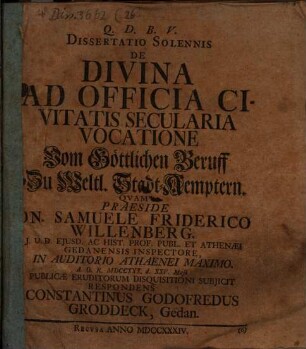 Diss. sol. de divina ad officia civitatis secularia vocatione