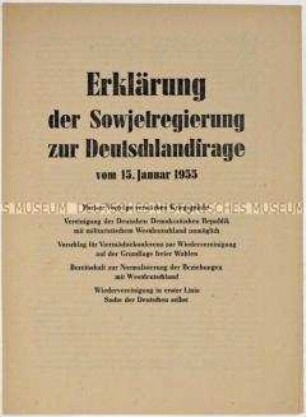 Sowjetische Regierungserklärung zur Deutschlandfrage vom 15. Januar 1955