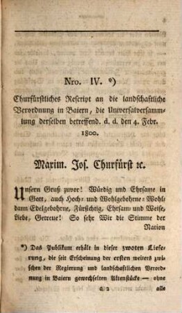 Präliminarien eines neuen Landtages in Baiern, 2. Zweyte Lfg.. [Nro. IV., Churfürstliches Rescript an die landschaftliche Verordnung in Baiern, ...]