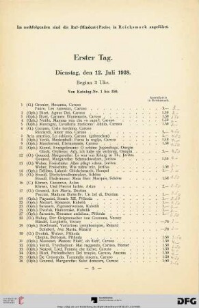 Erster Tag. Dienstag, den 12. Juli 1938. Beginn 3 Uhr (Nr. 1-350)