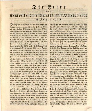 Feyer des Central-Landwirthschafts- oder Oktoberfestes im Jahre .... 1826