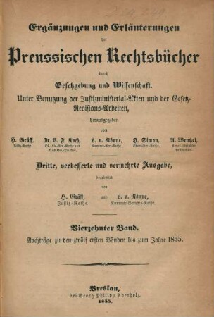 Bd. 14: Nachträge zu den zwölf ersten Bänden bis zum Jahre 1855 : unter Benutzung der Justizministerial-Akten und der Gesetz-Revisions-Arbeiten