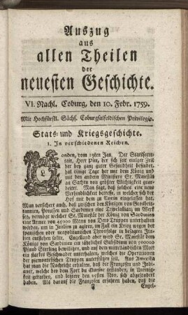 VI. Nachl. Coburg, den 10. Febr. 1759.