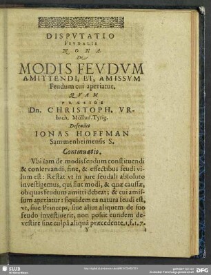 Disputatio Feudalis Nona. De Modis Feudum Amittendi, Et, Amissum Feudum cui aperiatur