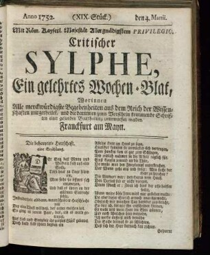 (XIX. Stück.) den. 4. Martii. Anno 1752.