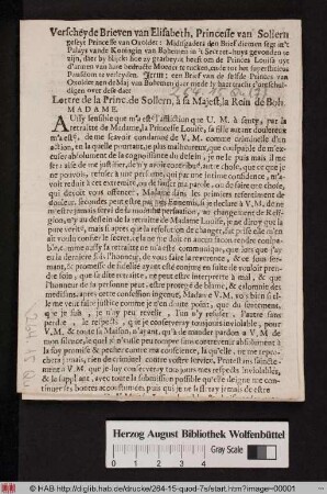 Verschey de Brieven van Elisabeth, Princesse van Sollern geseyt Princesse van Oxolder ... Lettre de la Princ. de Sollern, à sa Majest, la Rein de Boh.