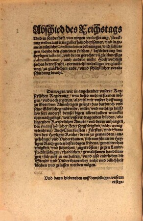 Abschiedt Der Römischen Keyserlichen Maiestatt vnnd gemeiner Stendt auff dem Reichstag zu Regenspurg Anno Domini M.D.LXVII. Auffgericht