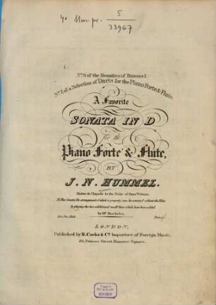 A favorite sonata in D : for the piano forte and flute