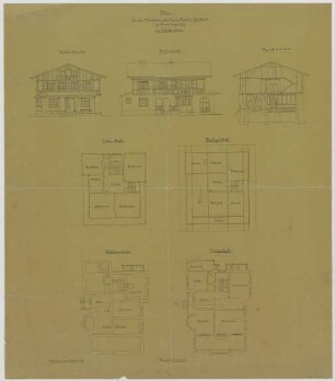 Thiersch, August ; Berchtesgaden (Bayern); Wohnhaus Gebhard - Ansichten, Grundriss Keller, Grundriss EG, Grundriss 1. OG, Grundriss DG, Querschnitt