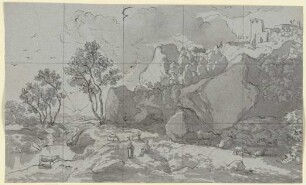 Landschaft mit Fluss links und Berg rechts