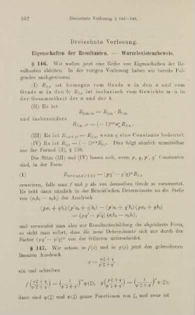 162-177, Dreizehnte Vorlesung. Eigenschaften der Resultanten. Wurzelexistenzbeweis.
