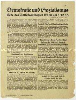 Flugblatt mit einer Rede von Friedrich Ebert am 1. Dezember 1918 zum Sozialismus