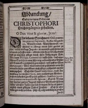 Abdanckung/ So bey des letzten Söhnleins Christophori Leichbegängnis gehalten