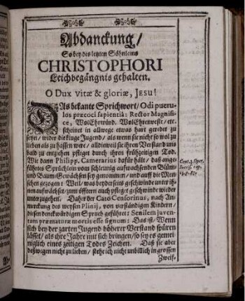 Abdanckung/ So bey des letzten Söhnleins Christophori Leichbegängnis gehalten