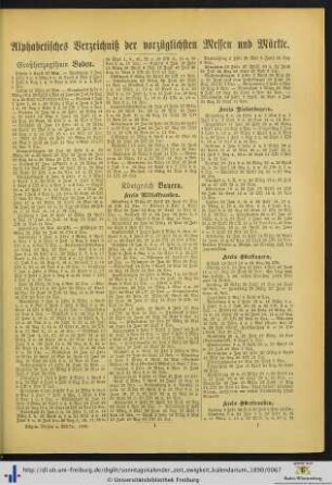 Alphabetisches Verzeichniß der vorzüglichen Messen und Märkte.