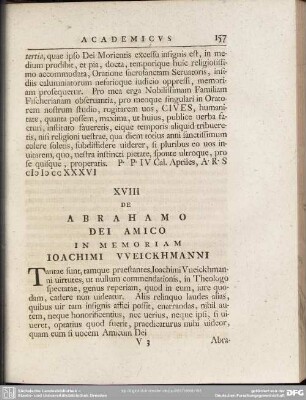 XVIII De Abrahamo Dei Amico In Memoriam Ioachimi Vveickhmanni