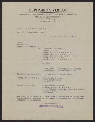 Brief vom Euphorion Verlag, betreffend handsignierte Grafiken und die Publikationen "Gang in die Stille" von Ludwig Meidner (1884-1966) und "Chassidische Legende" von Samuel Lewin (1890-1959)