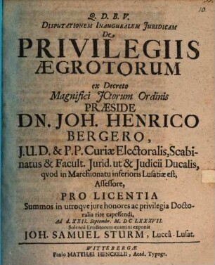Disputationem inauguralem iuridicam de privilegiis aegrotorum